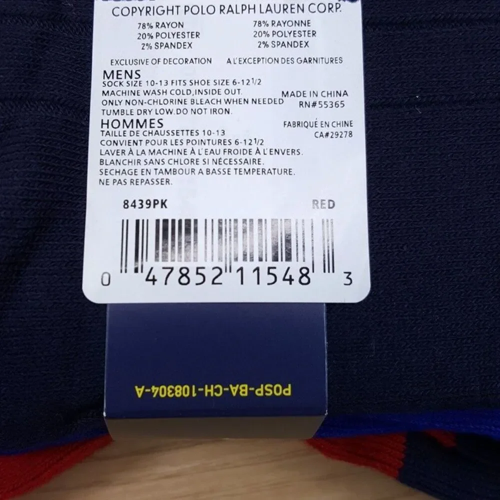 POLO RALPH LAUREN Crew Dress Socks Mens Red Blue 3-Pack Ribbed Knit Pony Logo